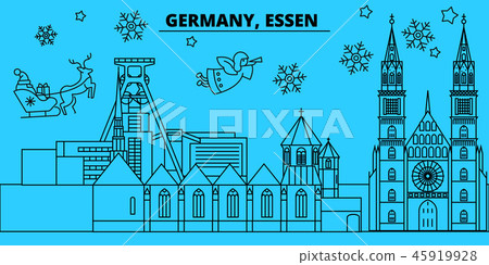 Germany, Essen winter holidays skyline. Merry Christmas, Happy New Year decorated banner with Santa Germany, Essen winter holidays skyline. Merry Christmas, Happy New Year decorated banner with Santa 45919928