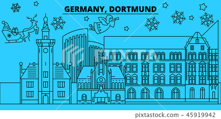 Germany, Dortmund winter holidays skyline. Merry Christmas, Happy New Year decorated banner with 45919942