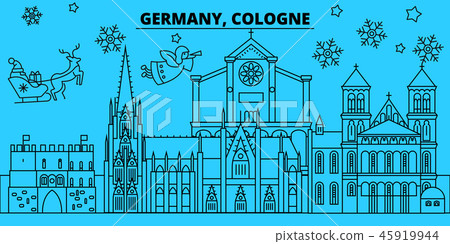 Germany, Cologne winter holidays skyline. Merry Christmas, Happy New Year decorated banner with 45919944