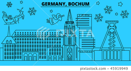 Germany, Bochum winter holidays skyline. Merry Christmas, Happy New Year decorated banner with Santa Germany, Bochum winter holidays skyline. Merry Christmas, Happy New Year decorated banner with Santa 45919949