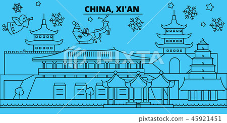 China, Xian winter holidays skyline. Merry Christmas, Happy New Year decorated banner with Santa China, Xian winter holidays skyline. Merry Christmas, Happy New Year decorated banner with Santa 45921451