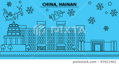 China, Hainan winter holidays skyline. Merry Christmas, Happy New Year decorated banner with Santa China, Hainan winter holidays skyline. Merry Christmas, Happy New Year decorated banner with Santa 45921462