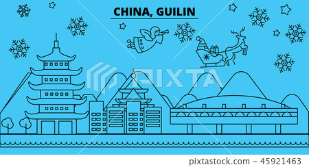 China, Guilin winter holidays skyline. Merry Christmas, Happy New Year decorated banner with Santa China, Guilin winter holidays skyline. Merry Christmas, Happy New Year decorated banner with Santa 45921463