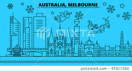 Australia, Melbourne city winter holidays skyline. Merry Christmas, Happy New Year decorated banner 45921560