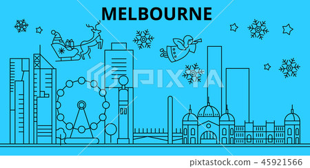 Australia, Melbourne winter holidays skyline. Merry Christmas, Happy New Year decorated banner with 45921566