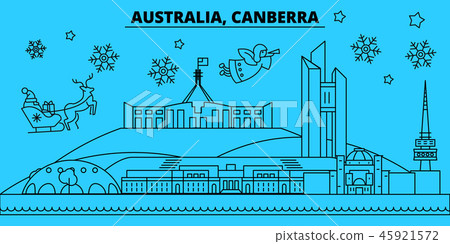 Australia, Canberra winter holidays skyline. Merry Christmas, Happy New Year decorated banner with 45921572