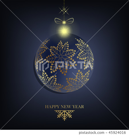Christmas composition with a Christmas ball with golden snowflakes, text and bow with glitter. 45924016