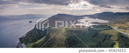 Aerial view of the very steep sea cliffs at Bearreraig Bay with the storr lochs in background - Isle Aerial view of the very steep sea cliffs at Bearreraig Bay with the storr lochs in background - Isle 45925015
