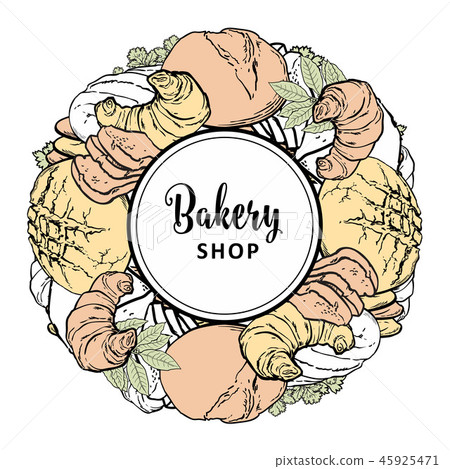 Bakery shop banner with baked bread, loaf and croissants with greenery. Bakery shop banner with baked bread, loaf and croissants with greenery. 45925471