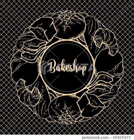 Bakeshop round decorative element with baked bread, long loaf and croissants. Bakeshop round decorative element with baked bread, long loaf and croissants. 45925473