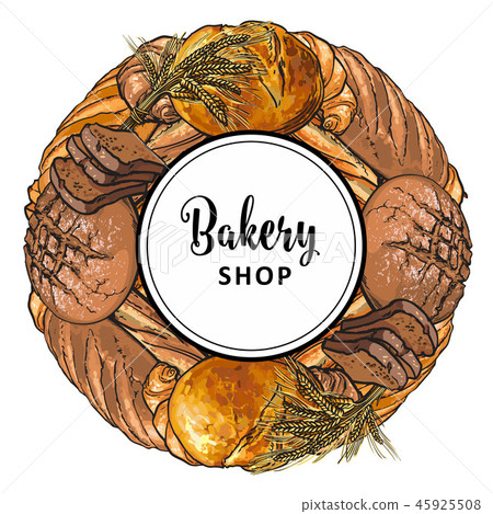 Bakery shop banner with freshly baked bread and croissants in sketch style. Bakery shop banner with freshly baked bread and croissants in sketch style. 45925508