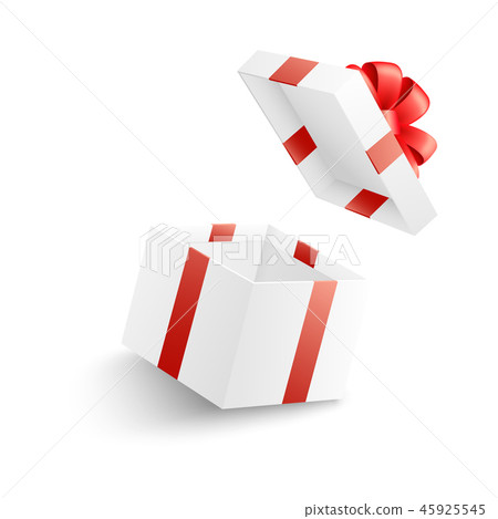 Empty open white gift box with red ribbon, bow and flying cover. 45925545