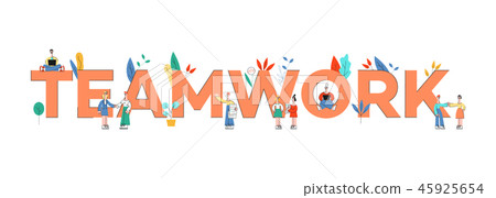 Vector illustration of Teamwork text design with business people working together near big letters. Vector illustration of Teamwork text design with business people working together near big letters. 45925654