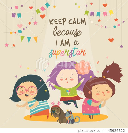 Cute cartoon girls superstar with funny pets. Best friends Cute cartoon girls superstar with funny pets. Best friends 45926822