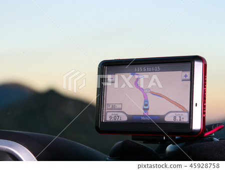 The route seen in a GPS inside of the car. The route seen in a GPS inside of the car. 45928758