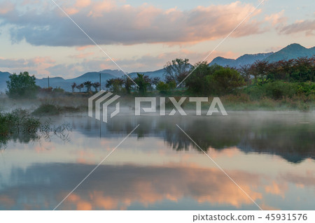 Landscape of serene rural dawn sunrise Landscape of serene rural dawn sunrise 45931576