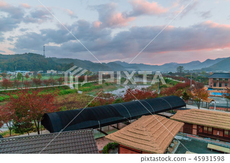 Landscape of serene rural dawn sunrise 45931598