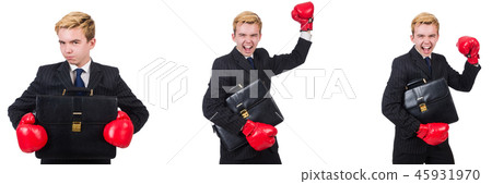 Young employee with boxing gloves isolated on white Young employee with boxing gloves isolated on white 45931970