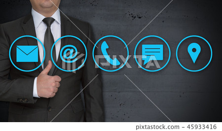 Contact options concept and businessman with thumbs up Contact options concept and businessman with thumbs up 45933416