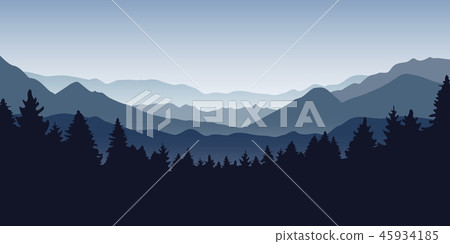 blue foggy mountain and forest nature landscape - Stock Illustration ...