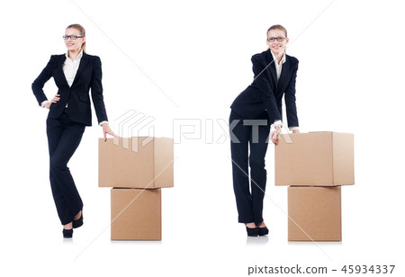 Woman businesswoman with boxes on white Woman businesswoman with boxes on white 45934337