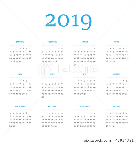 Vector calendar - Year 2019. Week starts from Sunday. Simple flat vector illustration 45934381