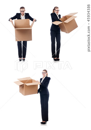 Woman businesswoman with boxes on white 45934386