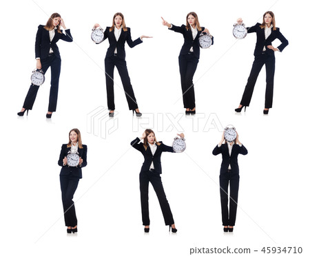 Businesswoman with clock isolated on white Businesswoman with clock isolated on white 45934710