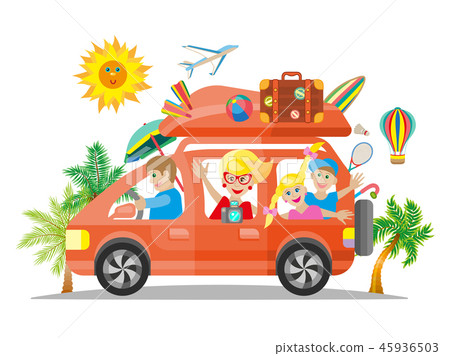 插圖素材: happy family traveling by red car. flat