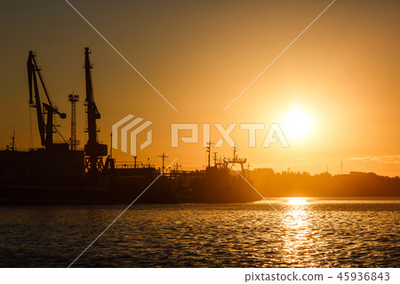 Many big cranes silhouette in the port of Azov sea 45936843