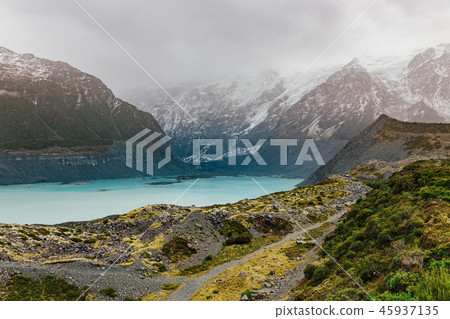 Hooker Valley Track hiking trail, New Zealand. Hooker Valley Track hiking trail, New Zealand. 45937135