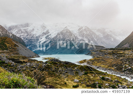 Hooker Valley Track hiking trail, New Zealand. Hooker Valley Track hiking trail, New Zealand. 45937139