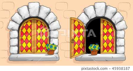 Medieval window, red stained glasses, white stones Medieval window, red stained glasses, white stones 45938187