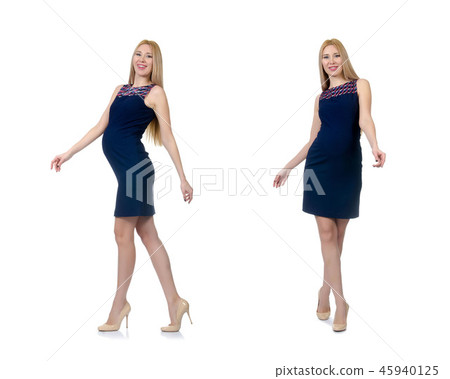 Beautiful pregnant woman in blue dress isolated on white Beautiful pregnant woman in blue dress isolated on white 45940125