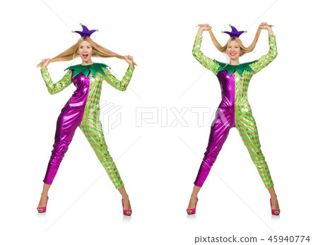 Woman wearing clown costume isolated on white Woman wearing clown costume isolated on white 45940774