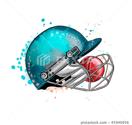 Cricket helmet with ball from a splash of watercolor 45940956