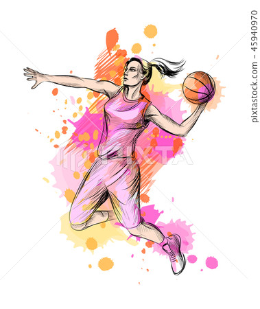 Abstract basketball player with ball from a splash of watercolor 45940970