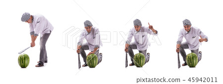 Young male cook with watermelon isolated on white 45942011