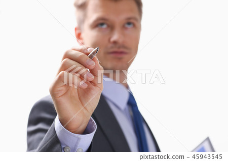 Male arm in suit and tie point in camera 45943545