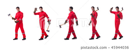 Contractor employee with axe on white background Contractor employee with axe on white background 45944036