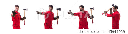 Contractor employee with axe on white background Contractor employee with axe on white background 45944039