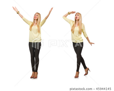 Pretty woman in yellow blouse isolated on white Pretty woman in yellow blouse isolated on white 45944145