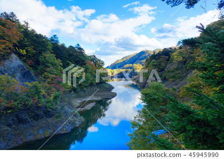 從回顧懸索橋觀看Shiobara壩湖周圍的秋葉 45945990
