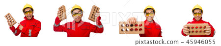 Construction worker with clay bricks on white 45946055
