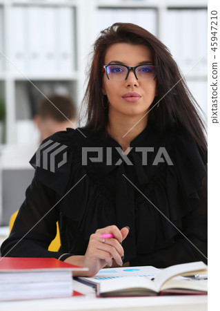 Beautiful smiling brunette woman hold in arms pink pen Beautiful smiling brunette woman hold in arms pink pen 45947210