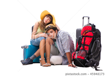 Young family preparing for vacation travel on white Young family preparing for vacation travel on white 45948173