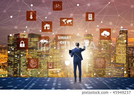 Concept of smart city with businessman pressing buttons 45949237