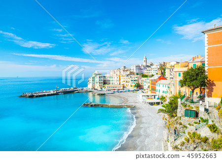 View of Bogliasco. Bogliasco is a ancient fishing village in Italy, Genoa, Liguria. Mediterranean 45952663