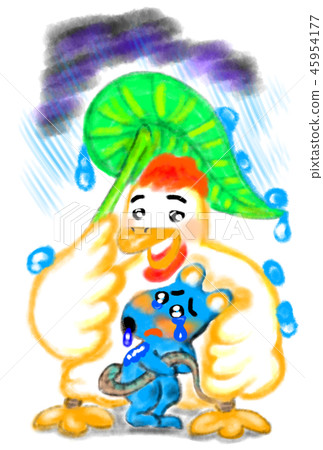 An image illustration of a gentle chicken protecting a bullied mouse. An image illustration of a gentle chicken protecting a bullied mouse. 45954177