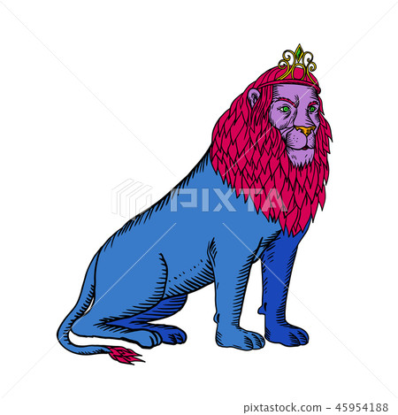 Blue Lion Sitting Wearing Tiara Crown Etching 45954188